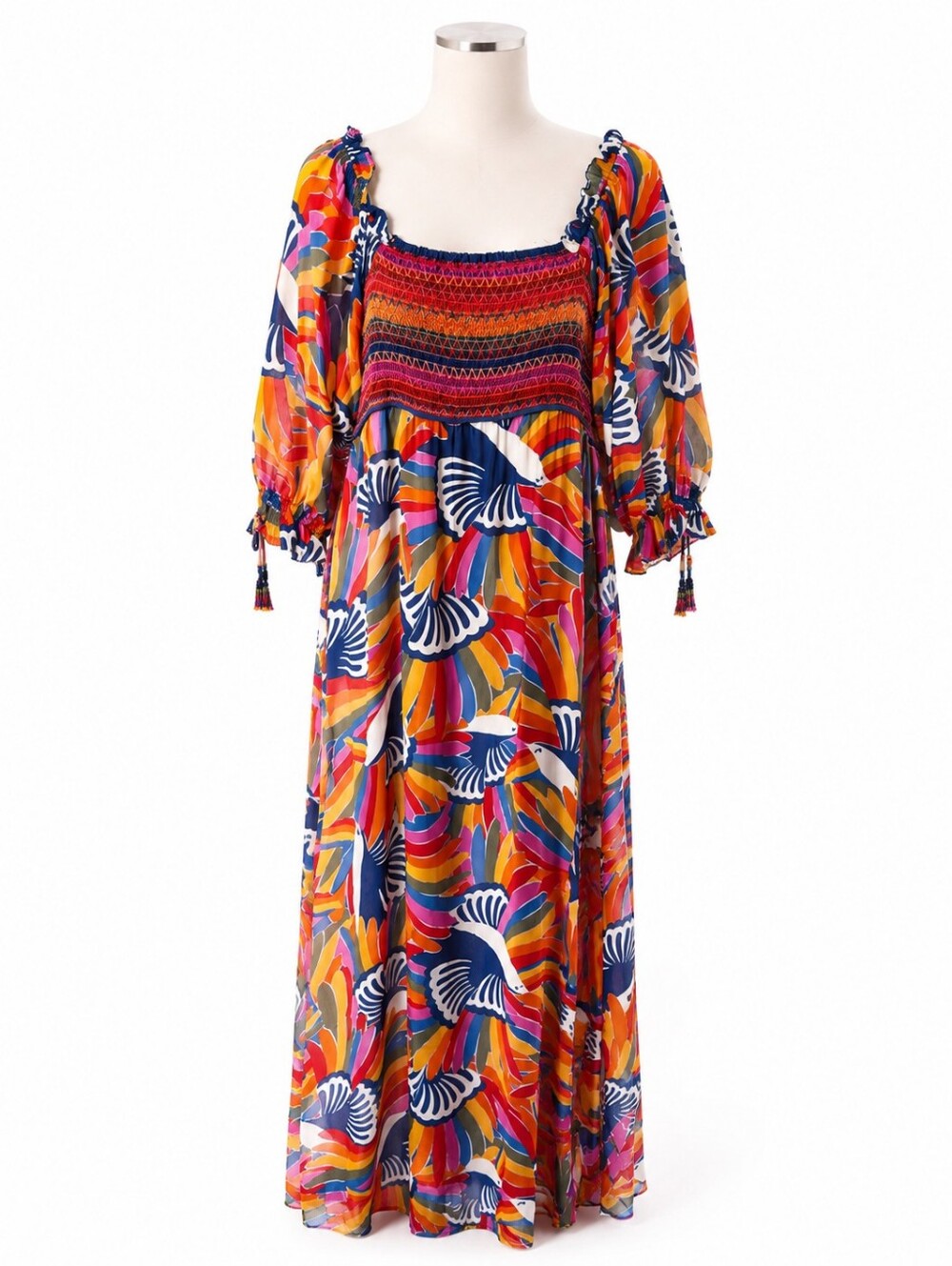 FARM RIO Rainbow Toucan Bird Smocked Maxi Dress XL Colorful Beaded Tassel